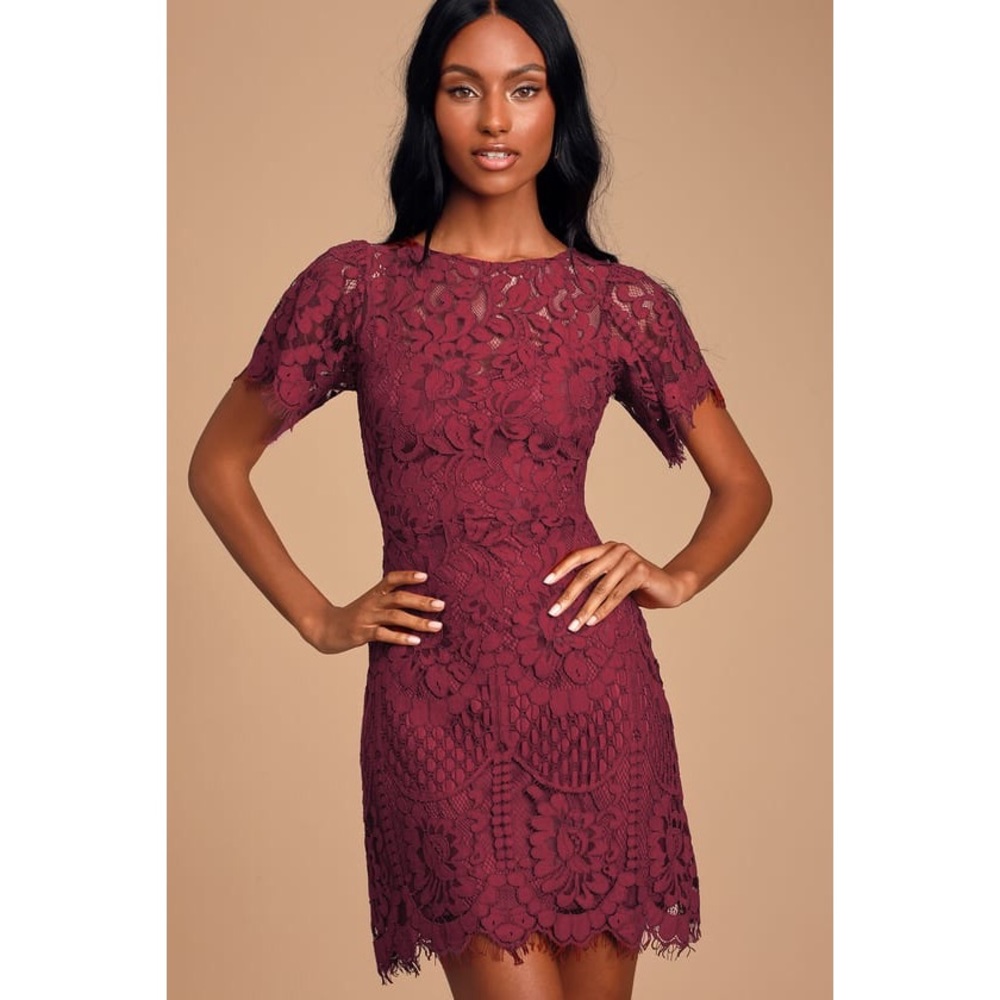 Lulus Wine Red Lace Short Sleeve Dress